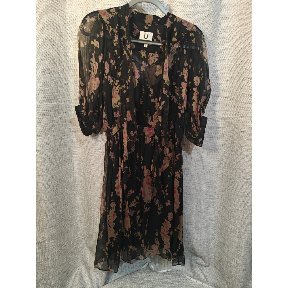 Mayle Silk Floral Dress Black Sheer Chiffon V-Neck Empire Waist Size 6 with Slip